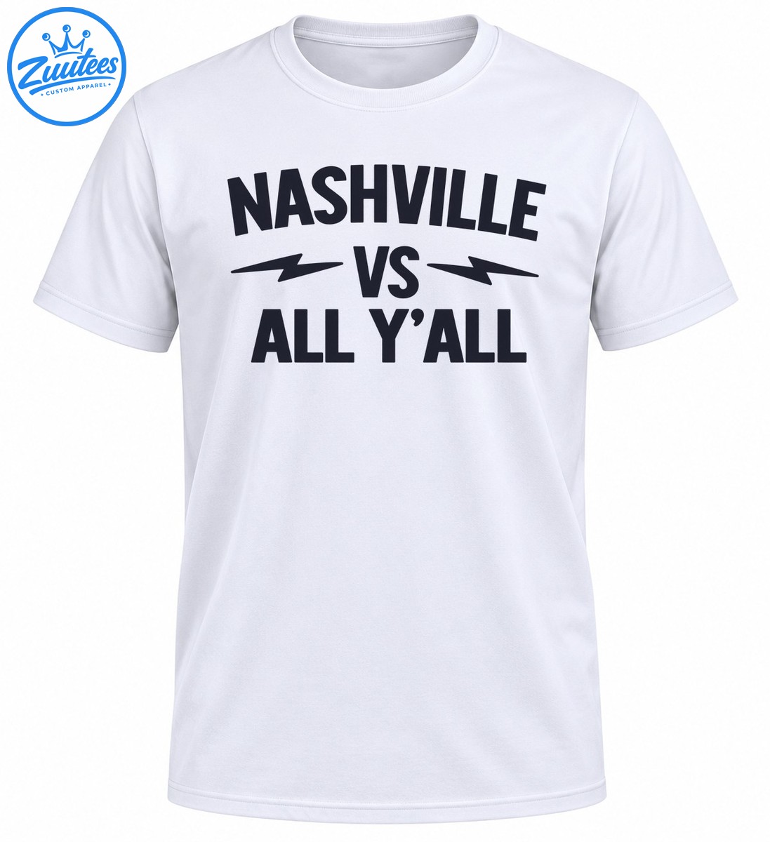 Nashville Vs All Y’all graphic with bold navy lettering and lightning bolts in a Southern collegiate style Nashville Vs All Y’all graphic with bold navy lettering and lightning bolts in a Southern collegiate style