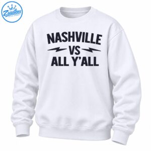 Nashville Vs All Y’all graphic with bold navy lettering and lightning bolts in a Southern collegiate style