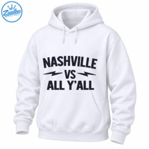 Nashville Vs All Y’all graphic with bold navy lettering and lightning bolts in a Southern collegiate style