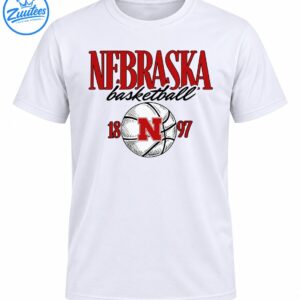 Vintage Nebraska basketball graphic with red collegiate lettering, black script, a sketch-style basketball, red N, and 18 97 numerals