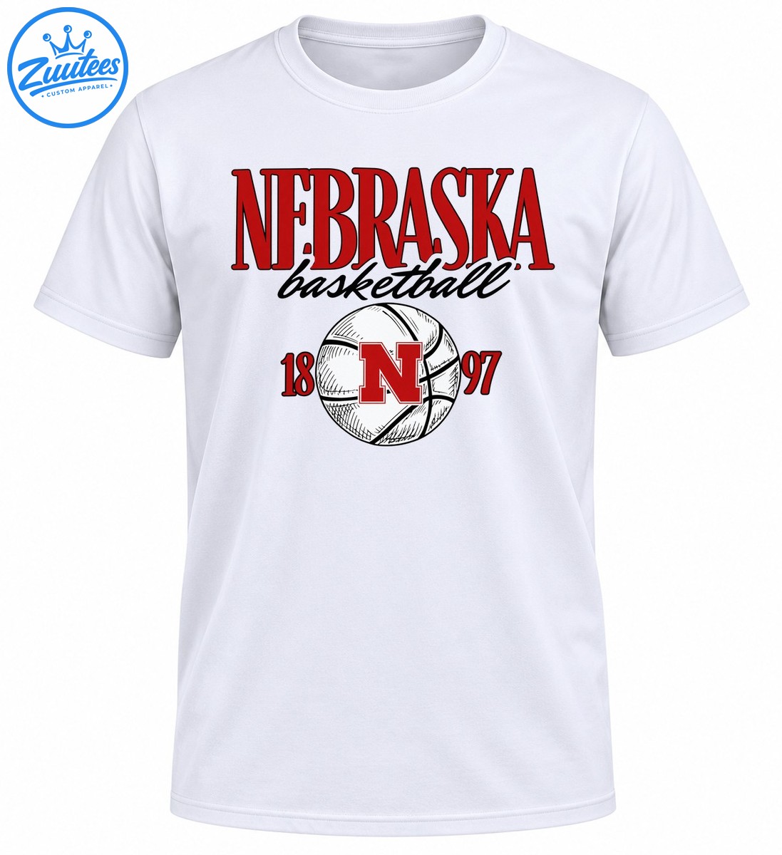 Vintage Nebraska basketball graphic with red collegiate lettering, black script, a sketch style basketball, red N, and 18 97 numerals Vintage Nebraska basketball graphic with red collegiate lettering, black script, a sketch-style basketball, red N, and 18 97 numerals