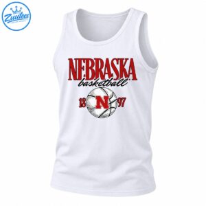 Vintage Nebraska basketball graphic with red collegiate lettering, black script, a sketch-style basketball, red N, and 18 97 numerals