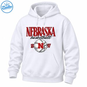 Vintage Nebraska basketball graphic with red collegiate lettering, black script, a sketch-style basketball, red N, and 18 97 numerals