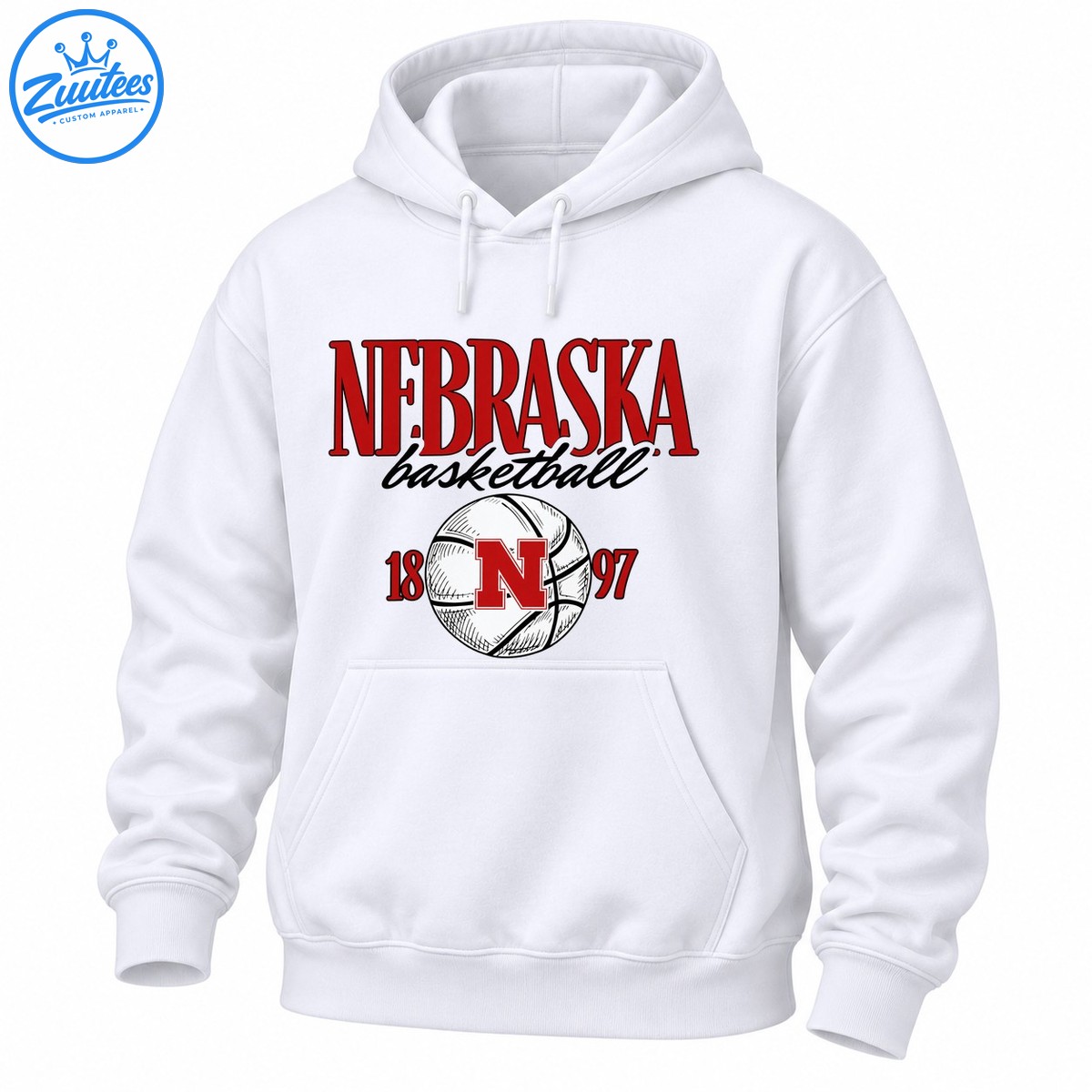 Vintage Nebraska basketball graphic with red collegiate lettering, black script, a sketch style basketball, red N, and 18 97 numerals Vintage Nebraska basketball graphic with red collegiate lettering, black script, a sketch-style basketball, red N, and 18 97 numerals