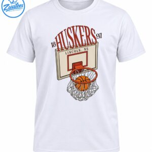 Vintage basketball graphic with red HUSKERS lettering, 1897, Lincoln NE backboard, orange basketball, and white net