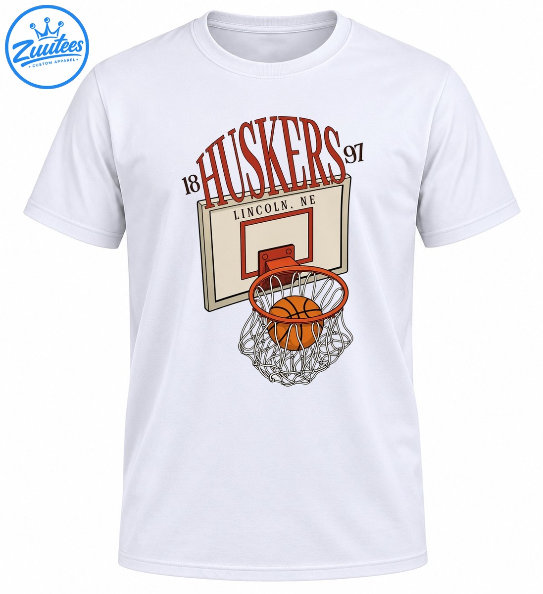 Vintage basketball graphic with red HUSKERS lettering, 1897, Lincoln NE backboard, orange basketball, and white net Vintage basketball graphic with red HUSKERS lettering, 1897, Lincoln NE backboard, orange basketball, and white net
