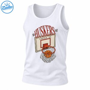Vintage basketball graphic with red HUSKERS lettering, 1897, Lincoln NE backboard, orange basketball, and white net