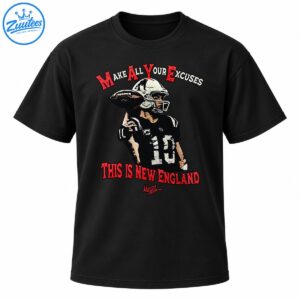 Vintage football graphic featuring a helmeted quarterback in a number 10 jersey with red New England slogans