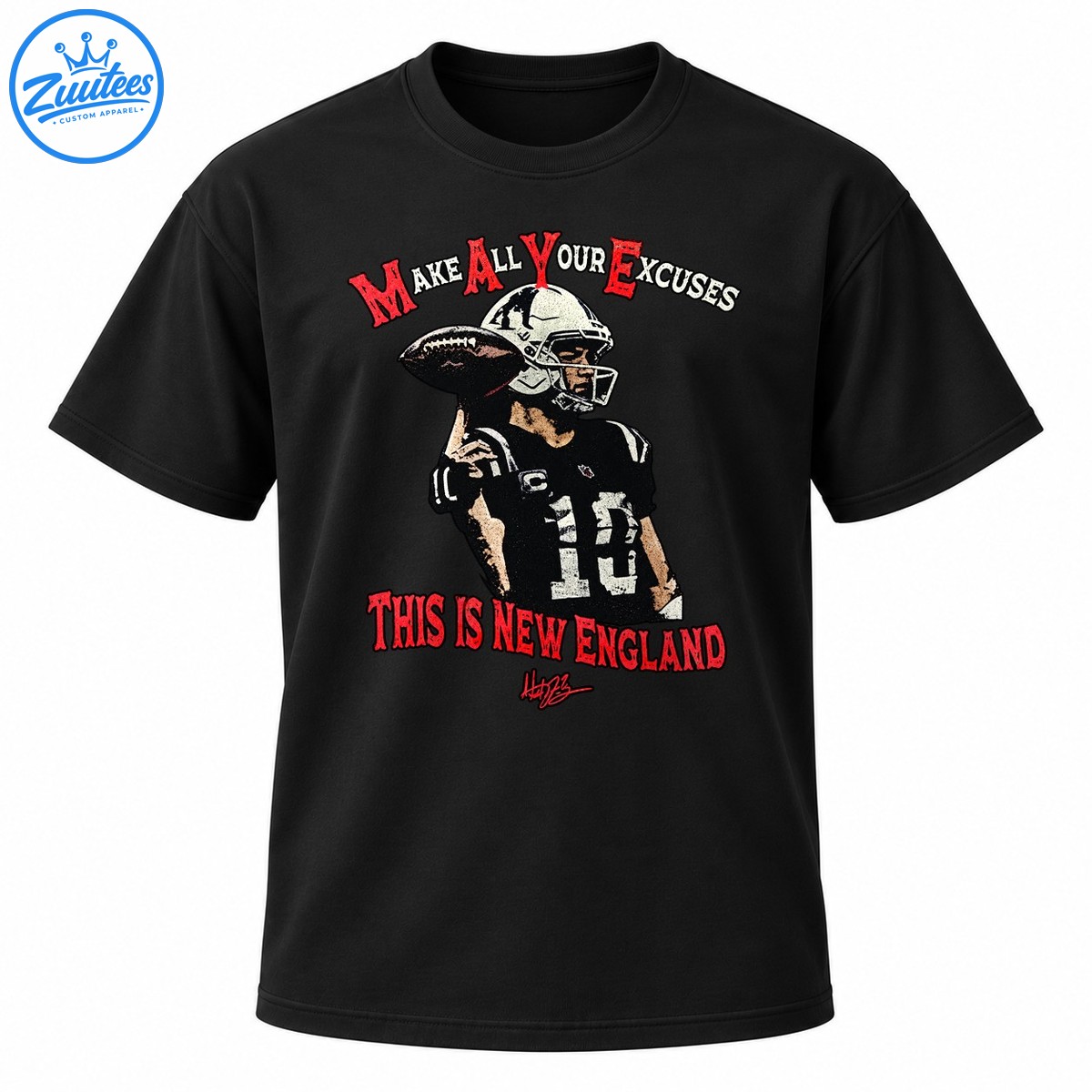 Vintage football graphic featuring a helmeted quarterback in a number 10 jersey with red New England slogans Vintage football graphic featuring a helmeted quarterback in a number 10 jersey with red New England slogans