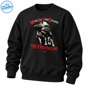 Vintage football graphic featuring a helmeted quarterback in a number 10 jersey with red New England slogans