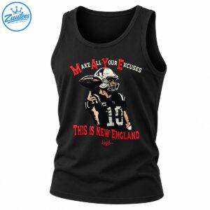 Vintage football graphic featuring a helmeted quarterback in a number 10 jersey with red New England slogans