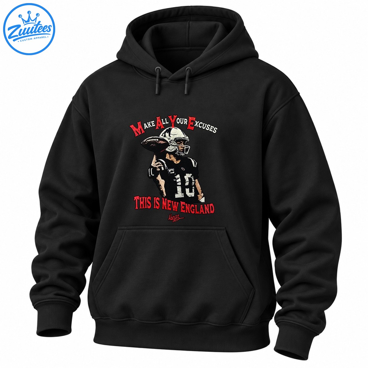 Vintage football graphic featuring a helmeted quarterback in a number 10 jersey with red New England slogans Vintage football graphic featuring a helmeted quarterback in a number 10 jersey with red New England slogans