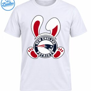 New England Patriots circular logo with white bunny ears, red inner ears, and red paw prints.
