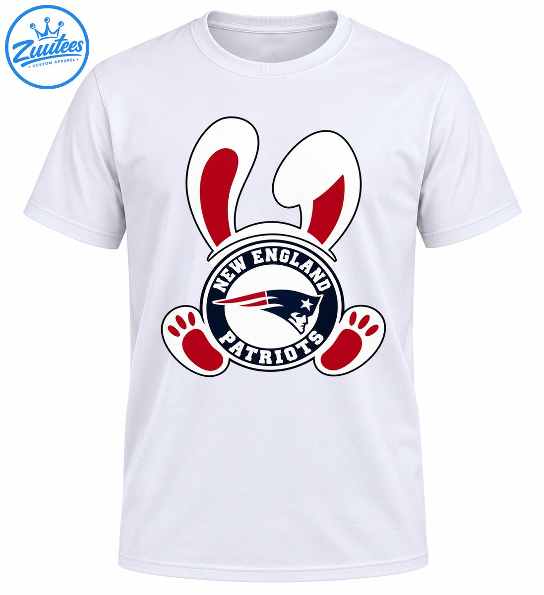 New England Patriots circular logo with white bunny ears, red inner ears, and red paw prints. New England Patriots circular logo with white bunny ears, red inner ears, and red paw prints.