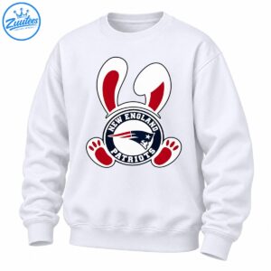 New England Patriots circular logo with white bunny ears, red inner ears, and red paw prints.