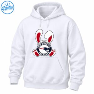 New England Patriots circular logo with white bunny ears, red inner ears, and red paw prints.