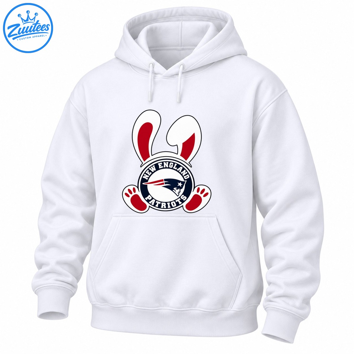 New England Patriots circular logo with white bunny ears, red inner ears, and red paw prints. New England Patriots circular logo with white bunny ears, red inner ears, and red paw prints.