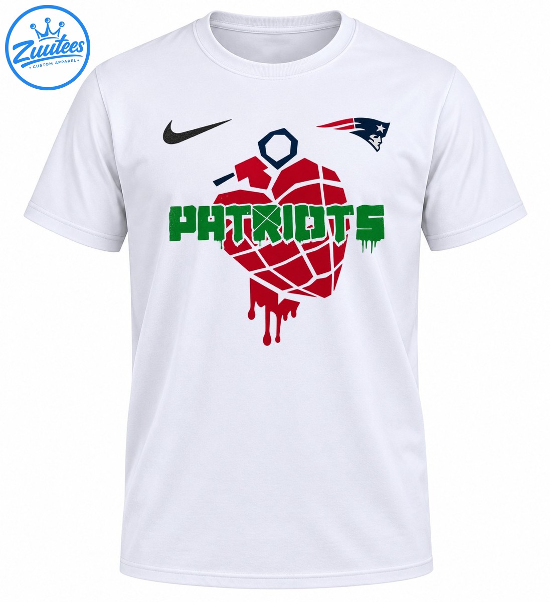 Red dripping grenade like graphic with distressed green PATRIOTS lettering and navy and red sports inspired emblems on a shirt. Red dripping grenade-like graphic with distressed green PATRIOTS lettering and navy and red sports-inspired emblems on a shirt.