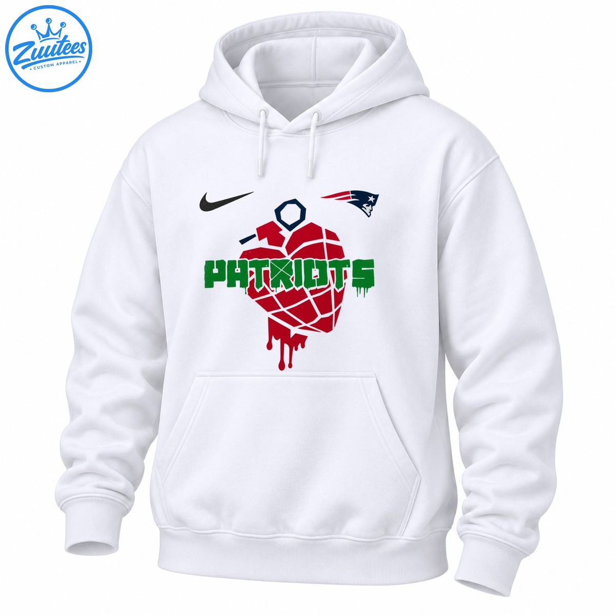 Red dripping grenade like graphic with distressed green PATRIOTS lettering and navy and red sports inspired emblems on a shirt. Red dripping grenade-like graphic with distressed green PATRIOTS lettering and navy and red sports-inspired emblems on a shirt.