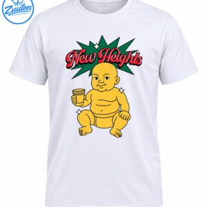 New Heights baby shirt design with red script lettering, green starburst, and a smiling yellow cartoon baby holding a cup