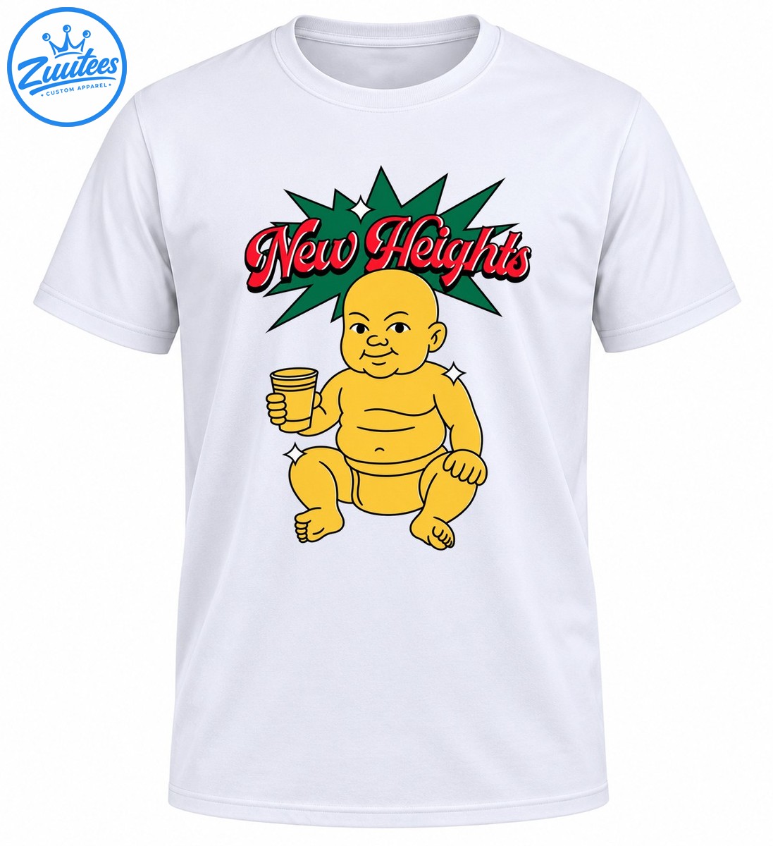 New Heights baby shirt design with red script lettering, green starburst, and a smiling yellow cartoon baby holding a cup New Heights baby shirt design with red script lettering, green starburst, and a smiling yellow cartoon baby holding a cup