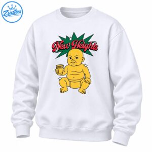 New Heights baby shirt design with red script lettering, green starburst, and a smiling yellow cartoon baby holding a cup