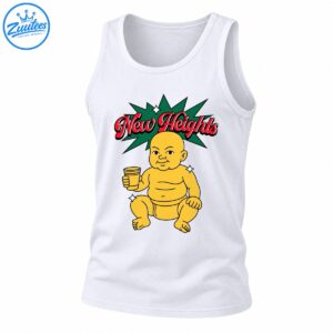 New Heights baby shirt design with red script lettering, green starburst, and a smiling yellow cartoon baby holding a cup