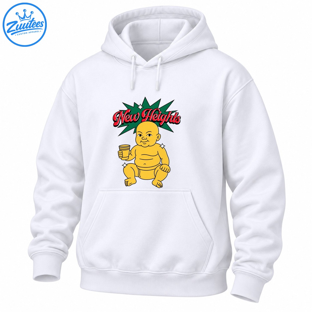 New Heights baby shirt design with red script lettering, green starburst, and a smiling yellow cartoon baby holding a cup New Heights baby shirt design with red script lettering, green starburst, and a smiling yellow cartoon baby holding a cup