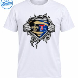 Grayscale hands tearing open a jagged shield with a gold fleur-de-lis, red T, blue and black fields, and Louisiana outline