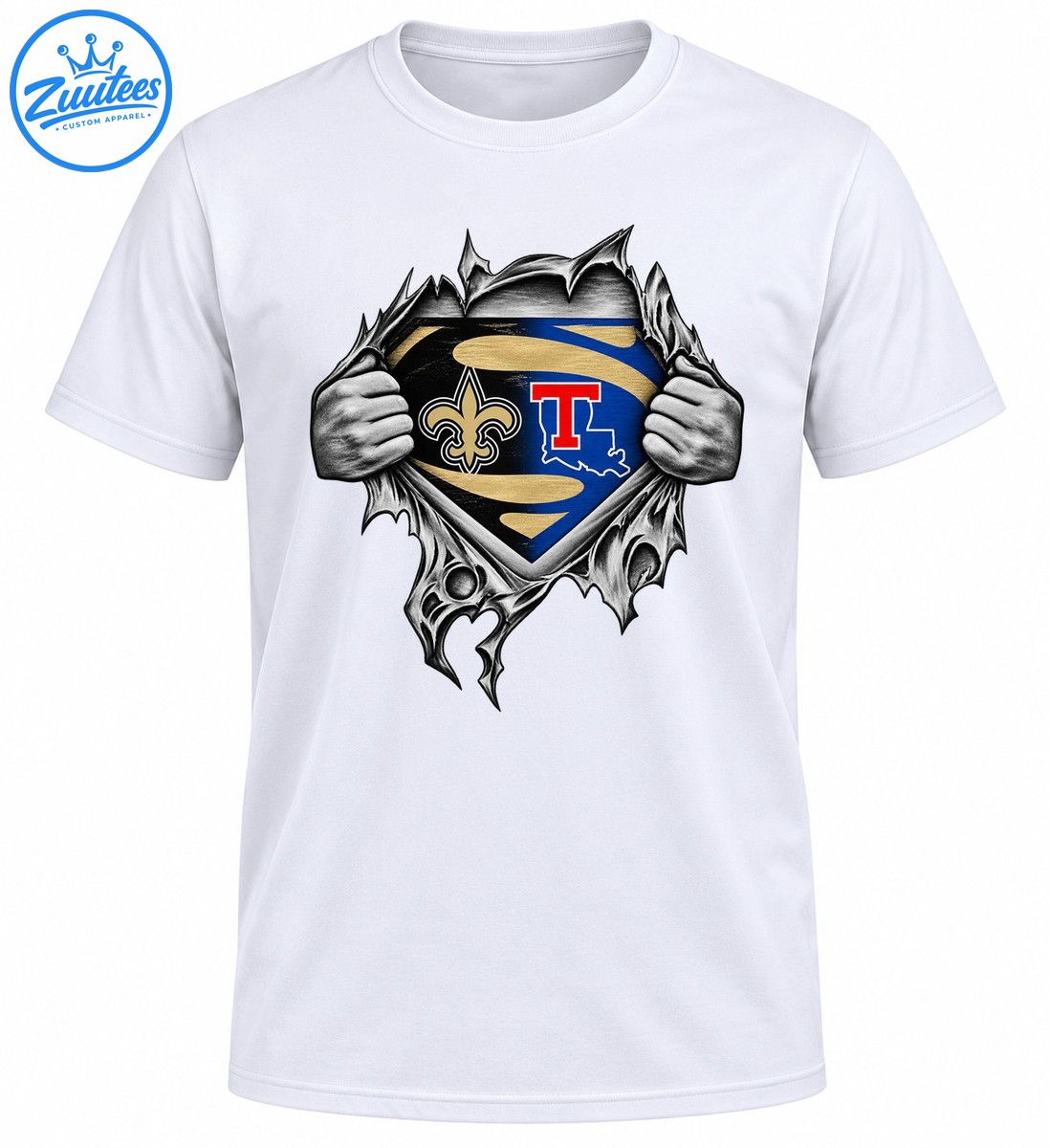 Grayscale hands tearing open a jagged shield with a gold fleur de lis, red T, blue and black fields, and Louisiana outline Grayscale hands tearing open a jagged shield with a gold fleur-de-lis, red T, blue and black fields, and Louisiana outline