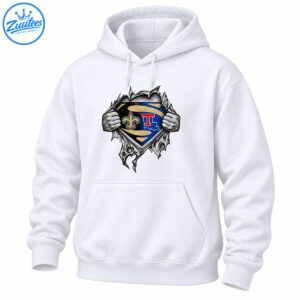 Grayscale hands tearing open a jagged shield with a gold fleur-de-lis, red T, blue and black fields, and Louisiana outline