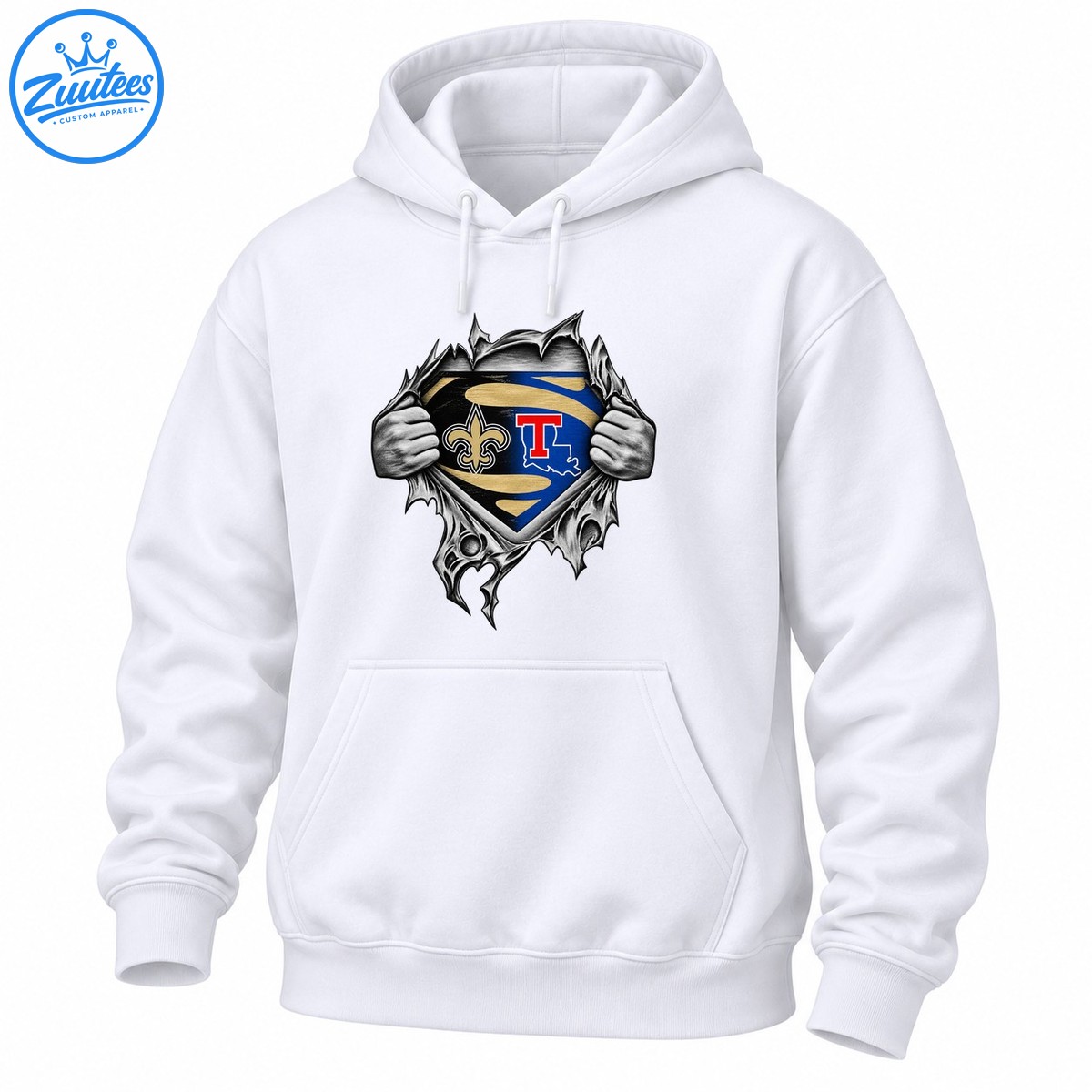 Grayscale hands tearing open a jagged shield with a gold fleur de lis, red T, blue and black fields, and Louisiana outline Grayscale hands tearing open a jagged shield with a gold fleur-de-lis, red T, blue and black fields, and Louisiana outline