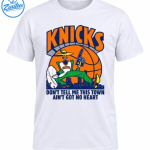 Knicks mascot shirt design with orange lettering, a cartoon in green pants, a basketball, city skyline, and slogan