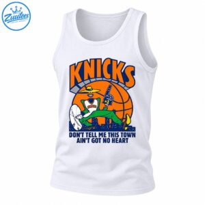 Knicks mascot shirt design with orange lettering, a cartoon in green pants, a basketball, city skyline, and slogan