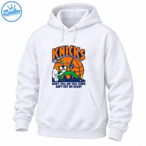 Knicks mascot shirt design with orange lettering, a cartoon in green pants, a basketball, city skyline, and slogan