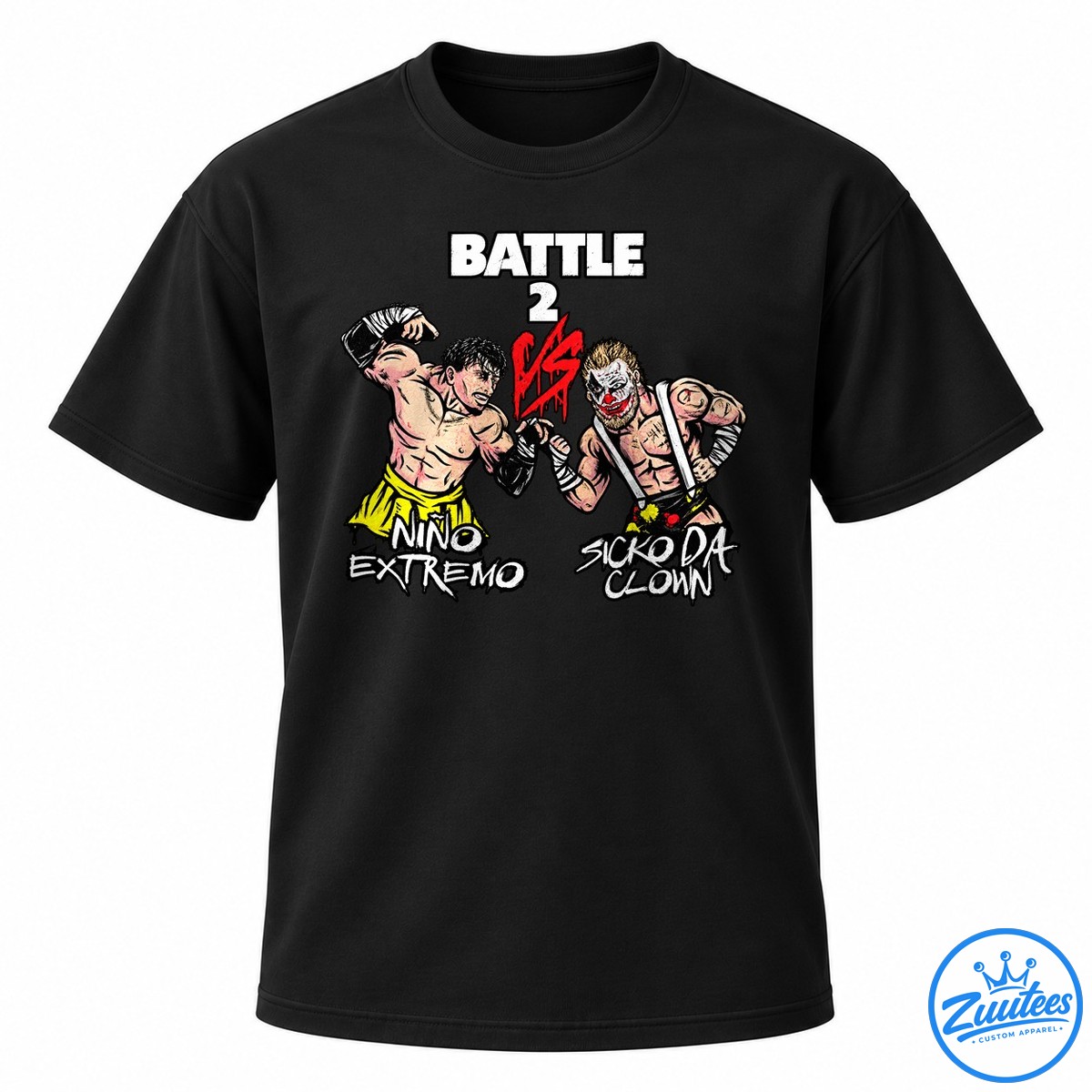 Nino Extremo Vs Sicko Da Clown Battle 2 Choose Your Weapon Artwork Shirt Nino Extremo versus Sicko Da Clown Battle 2 artwork with muscular fighters, red graphics, and distressed white lettering.
