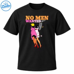No Men Wanted retro shirt design with bold orange and pink lettering and two women in vintage-inspired outfits