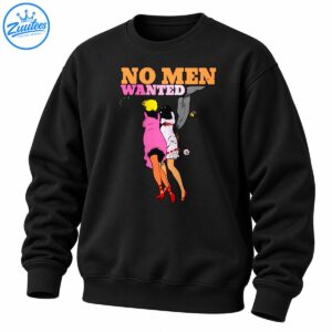 No Men Wanted retro shirt design with bold orange and pink lettering and two women in vintage-inspired outfits