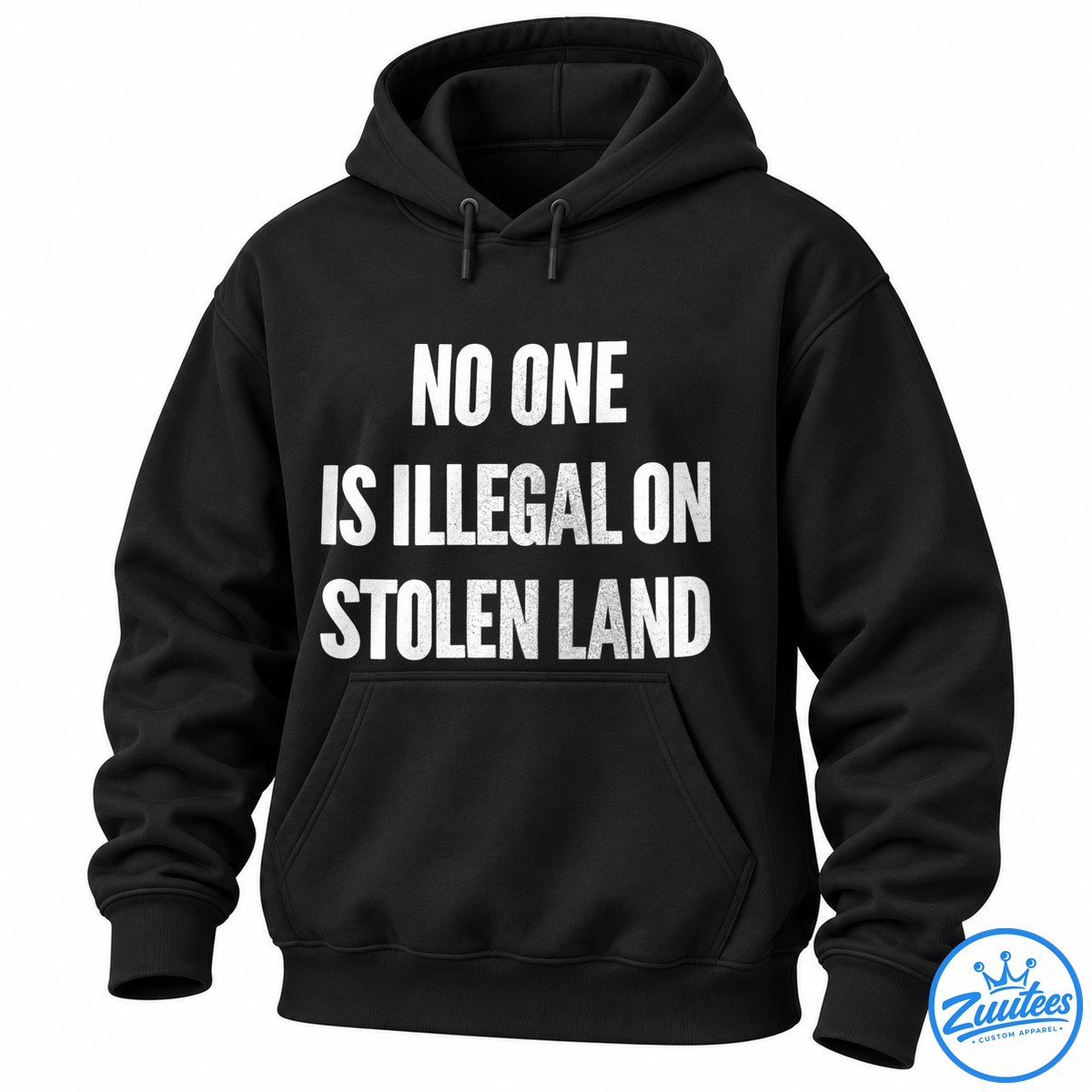 No One Is Illegal On Stolen Land Fck Ice Shirt White distressed uppercase text reading No One Is Illegal on Stolen Land in a bold protest-style graphic.