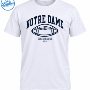 Navy Notre Dame lettering above a classic football graphic and Fighting Irish South Bend Indiana USA text