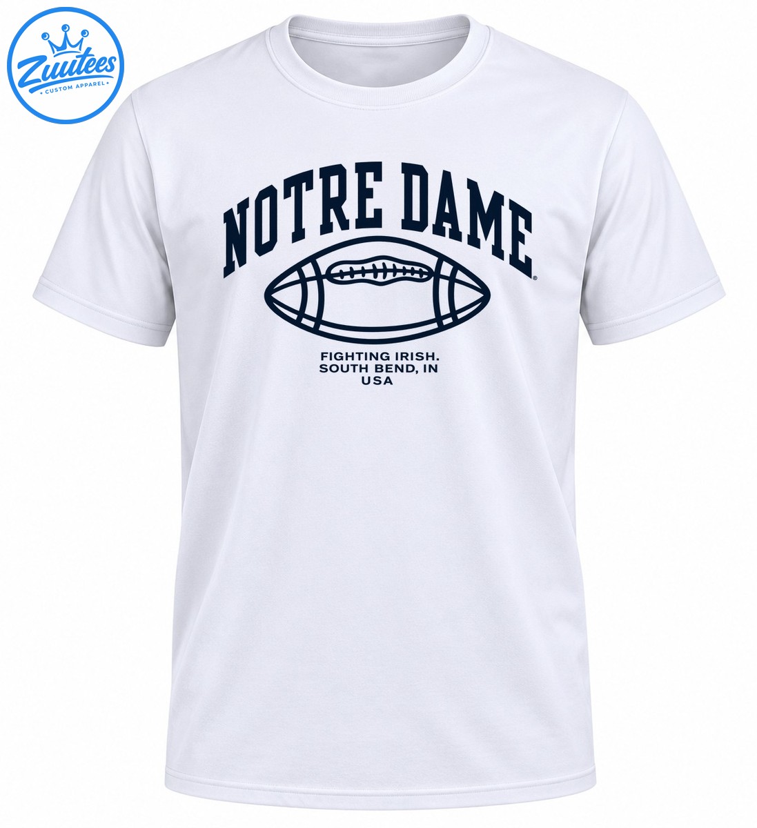 Navy Notre Dame lettering above a classic football graphic and Fighting Irish South Bend Indiana USA text Navy Notre Dame lettering above a classic football graphic and Fighting Irish South Bend Indiana USA text