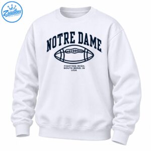 Navy Notre Dame lettering above a classic football graphic and Fighting Irish South Bend Indiana USA text