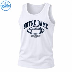 Navy Notre Dame lettering above a classic football graphic and Fighting Irish South Bend Indiana USA text