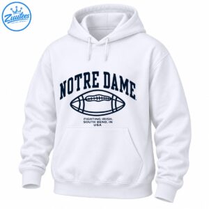 Navy Notre Dame lettering above a classic football graphic and Fighting Irish South Bend Indiana USA text