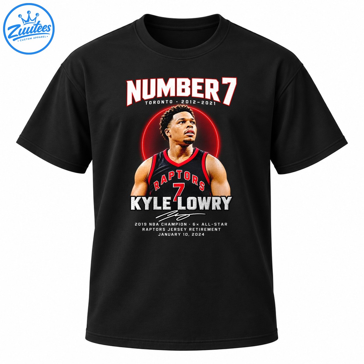 Kyle Lowry tribute design with Number 7, Toronto 2012–2021 text, black jersey, red halo, and career milestones Kyle Lowry tribute design with Number 7, Toronto 2012–2021 text, black jersey, red halo, and career milestones