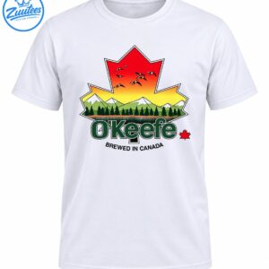 O’Keefe Brewed In Canada vintage maple leaf design with sunset, flying geese, mountains and evergreen forest