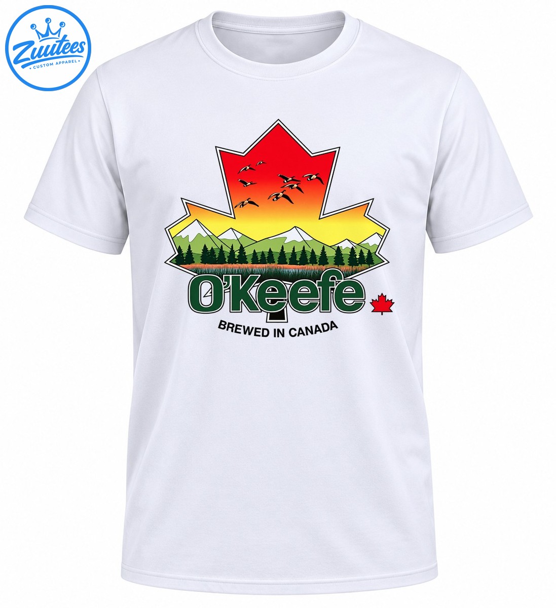 O’Keefe Brewed In Canada vintage maple leaf design with sunset, flying geese, mountains and evergreen forest O’Keefe Brewed In Canada vintage maple leaf design with sunset, flying geese, mountains and evergreen forest