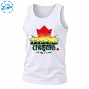 O’Keefe Brewed In Canada vintage maple leaf design with sunset, flying geese, mountains and evergreen forest