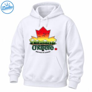 O’Keefe Brewed In Canada vintage maple leaf design with sunset, flying geese, mountains and evergreen forest