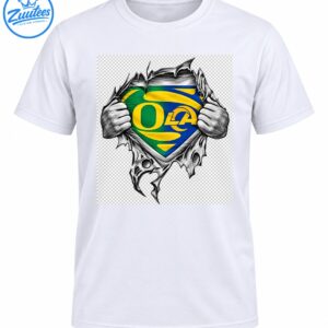 O LA shield in green gold and blue revealed by grayscale hands tearing through jagged fabric